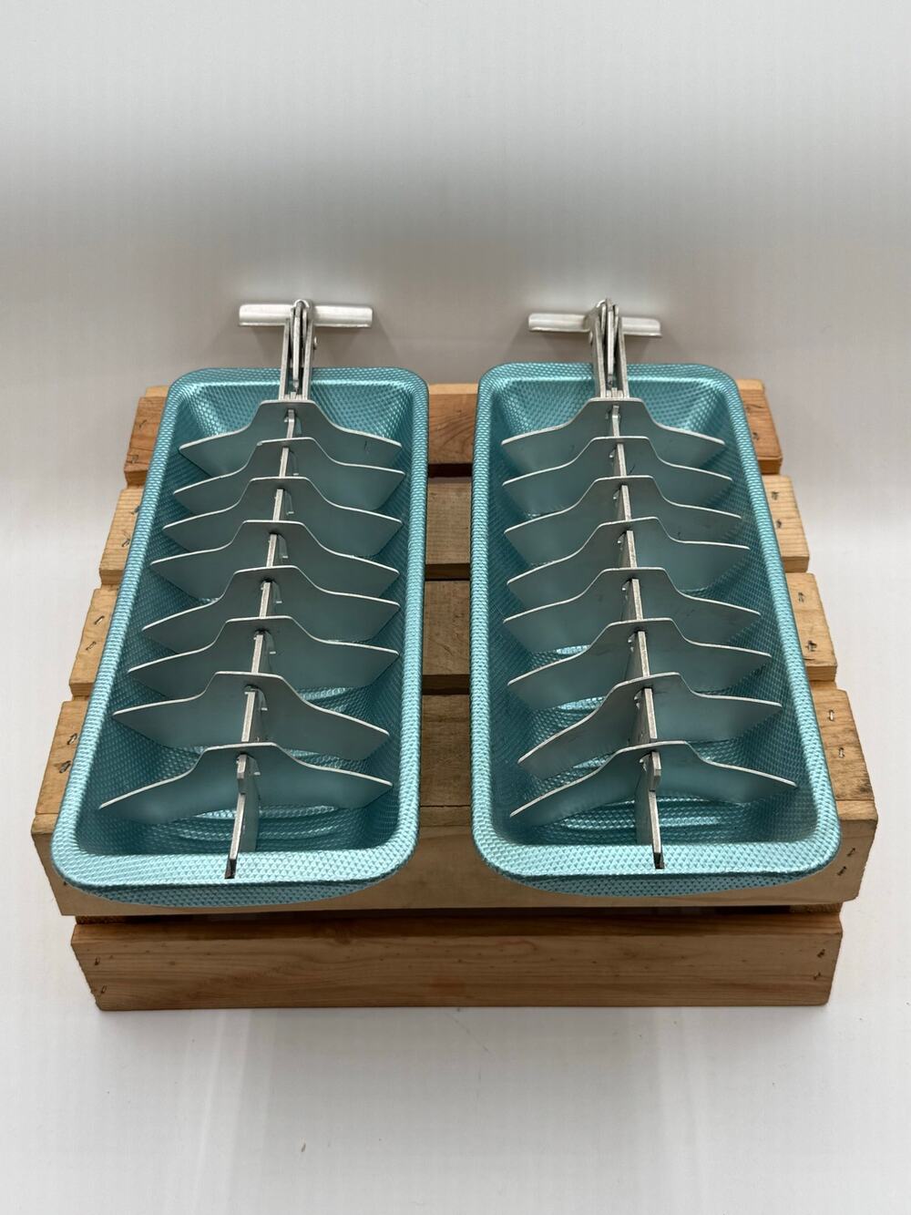 Vintage Metallic Blue Aluminum Ice Cube Trays with Levers - Pair of 2